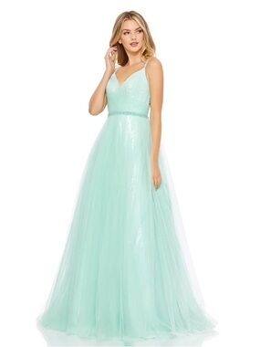 NEW Mac Duggal 67565 Mint Sequin Tulle V-Neck Evening Gown Dress Size 6 NWT